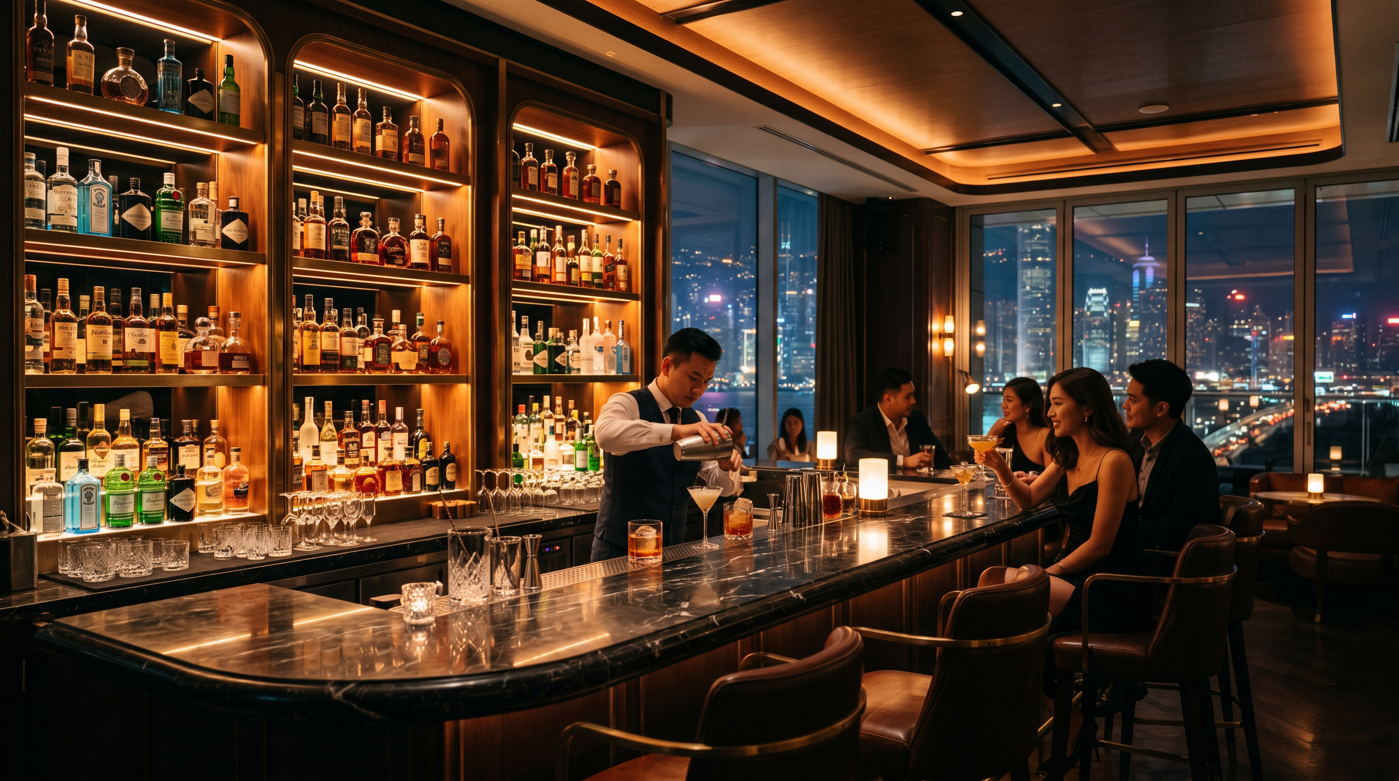 Sophisticated hotel cocktail bar at night