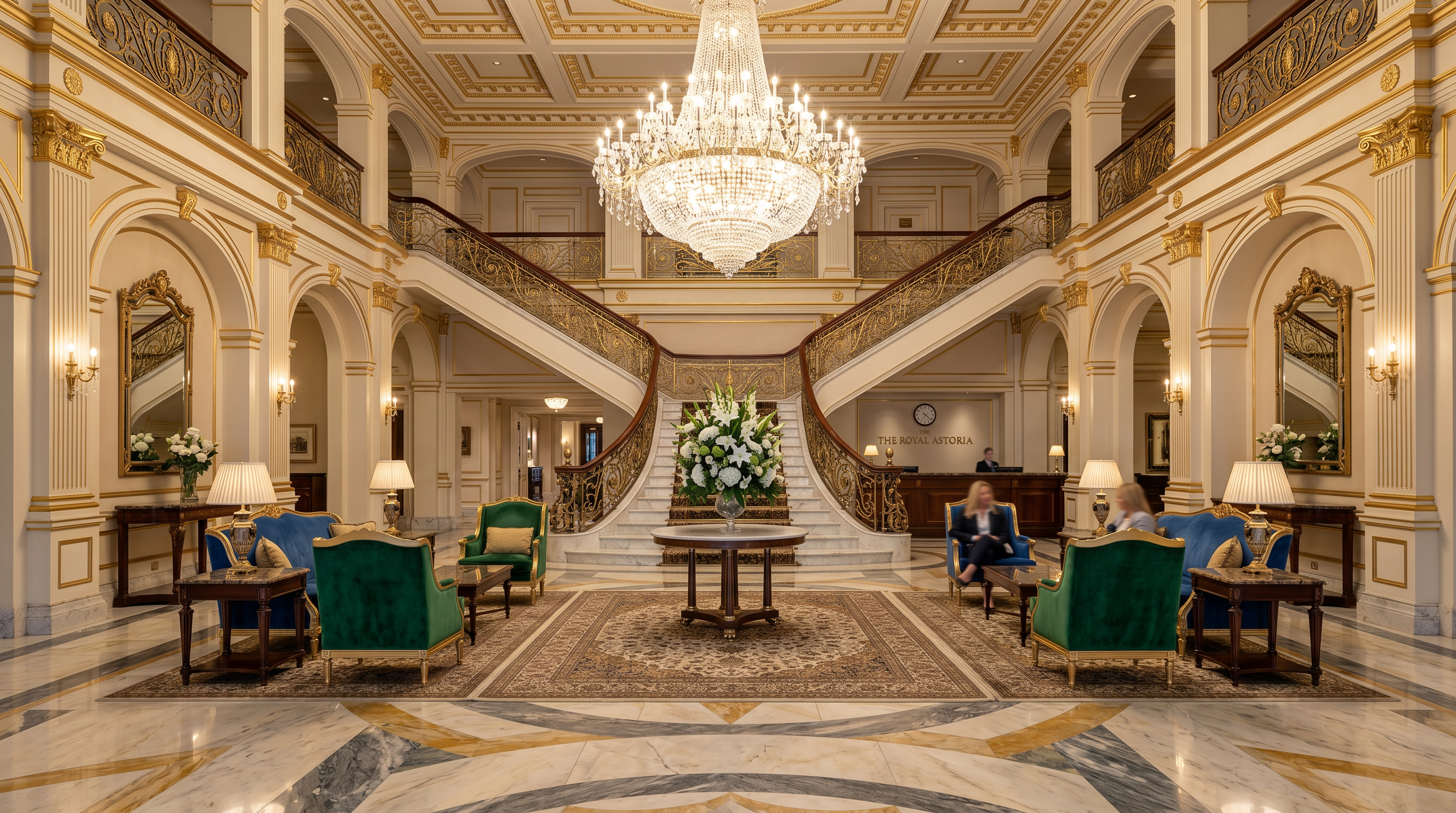 Marble hotel lobby with chandelier