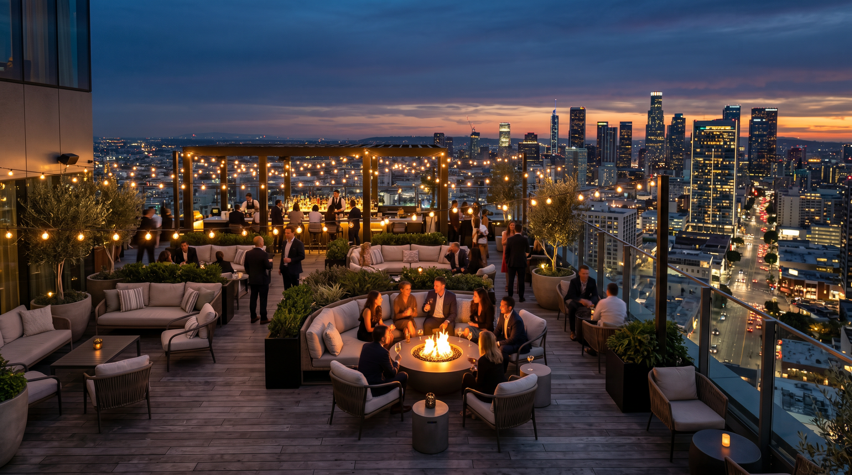 Rooftop terrace lounge at twilight